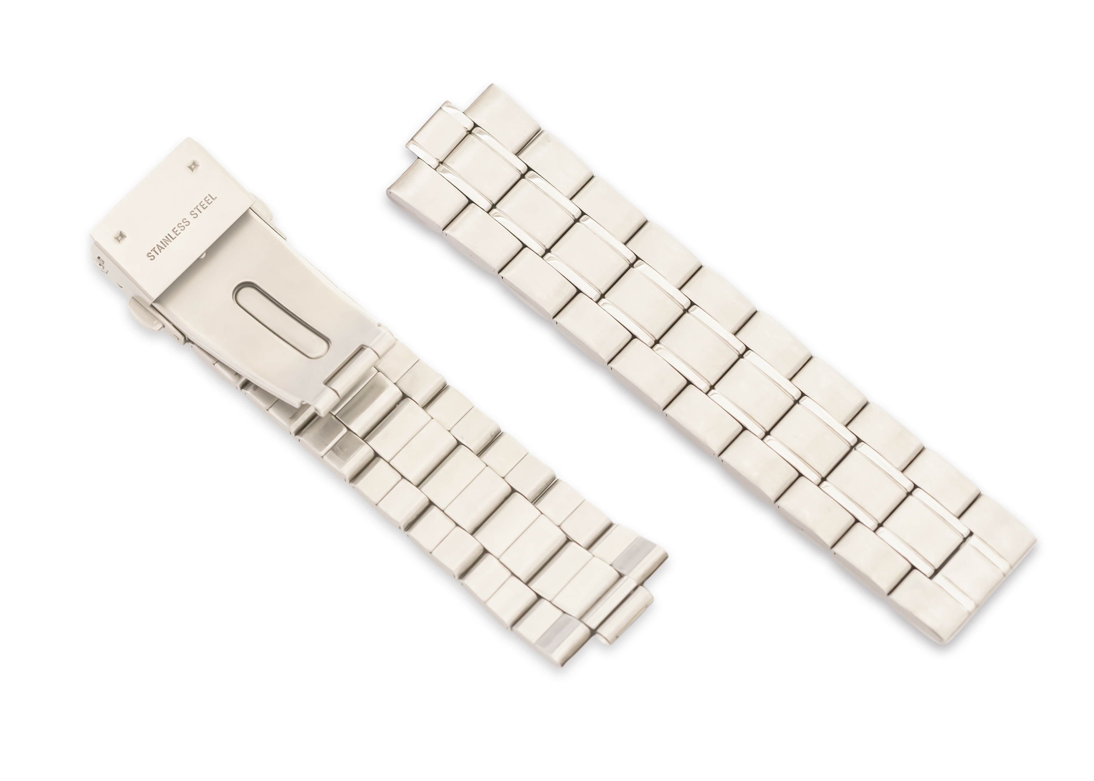 Images of the front and back of the silver stainless steel belt