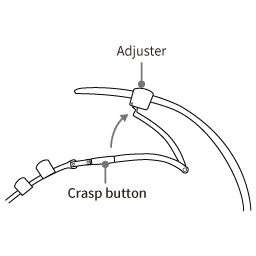 A figure of leather band with each parts of a band. Movable loop, Fixed loop, Clasp button, Adjuster